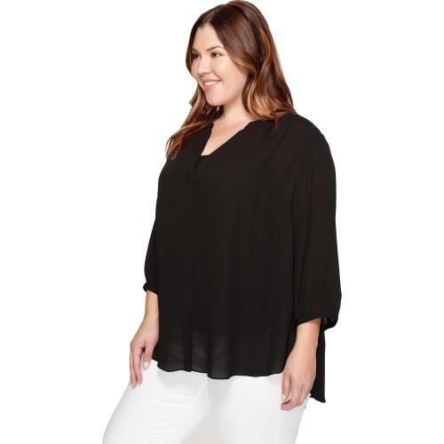 Size XL NYDJ Women's Plus Size Three-Quarter Sleeve Pintuck Blouse | Classic Lightweight Top, Black