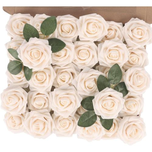 MACTING Artificial Flower Roses 30PCS Real Touch Fake Flowers with Stem Foam Roses for DIY Wedding Bouquet Table Centerpieces Bridal Shower Party Spring Home Mothers Day Decorations (Cream)