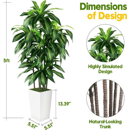 Artificial Dracaena Tree Indoor, 5FT Tall Fake Tree with White Tall Planter, Artificial Tree Fake Yucca Potted Tree for Home Office Living Room Decor, Tall Artificial Plant for Housewarming