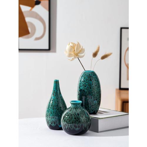 Ceramic Bud Vase Set, Fambe Blue Glazed Finish, Decorative Flower Vases (Blue-Set of 3)