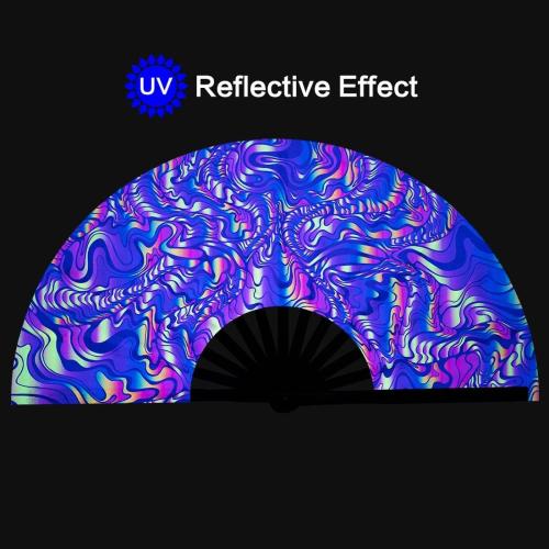 UV Glow Rave Fan, Bamboo Folding Clack Hand Fans Foldable for Men Women, Boots on the Ground Poping Fan for EDM Festival Line Dance Decoration, (Waves-2, Medium 11)