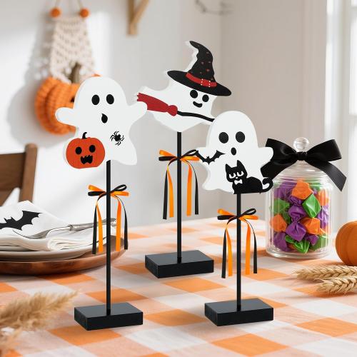 3 Pcs Halloween Wooden Table Decor Wooden Ghost Sign Set Tiered Tray Tall Standing Centerpieces for Home Party Indoor Decor