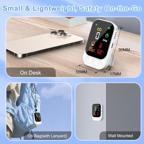 Portable Carbon Monoxide Detectors, 3-in-1 CO Detector – Mini CO, Temp & Humidity Sensor with 85 dB Alarm, Fold-Out Kickstand & Lanyard, Ultra-Low-Power Plug-Free Safety for Home, RV, Camp or Hotel
