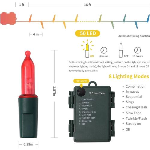 WATERGLIDE 4 Pack 50LED Outdoor Christmas Lights, 16FT Battery Operated Mini String Light with 8 Modes & Timer, Xmas Tree Lights Waterproof for Patio Garden Party Wedding Holiday Decor, Multicolor