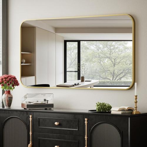 BEAUTYPEAK 26 x 38 Rectangular Aluminum Alloy Frame Wall Mounted Bathroom Mirror with Rounded Corners, Gold