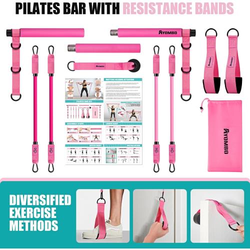 Pilates Bar Kit with Resistance Bands, Pilates Workout Equipment for Legs, Hip, Waist, Arm, Squats Exercise Equipment for Home Workouts, Adjustable 3-Section Pilates Bar Kit for Women & Men