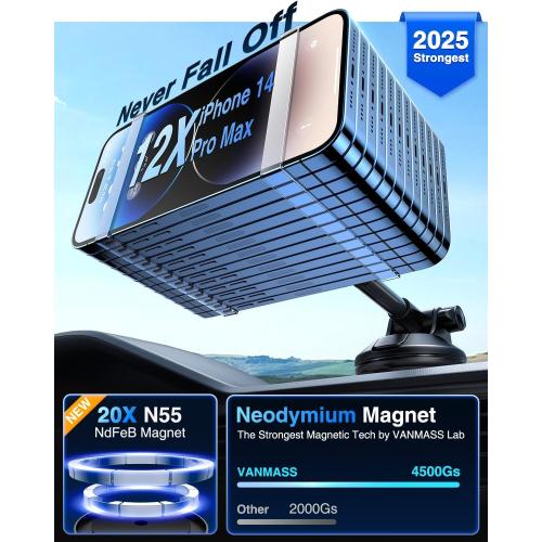 【2025 Military-Grade】VANMASS for MagSafe Car Mount【Upgraded Strongest Magnetic&Suction】Phone Holder Cell Stand for Dashboard Windshield Vent,Tesla Truck Cradle for iPhone 17 Pro Max 16 15 14 13 12 Air