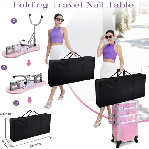Manicure Table with Nail Dust Collector, Portable Nail Table Rolling Nail Desk Nail Tech Travel Nail Station Foldable Professional Nail Salon Table with Cacuum,Arm Rest,Lockable Wheel,Bag,Pink