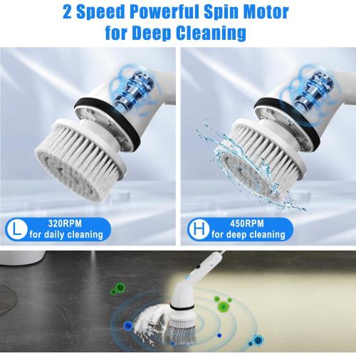 Cordless Spin Scrubber Electric Spin Scrubber with 6 Replaceable Brush Heads and Stainless Steel Adjustable Extension Handle, Bathroom Scrubber Electric Sink Scrubber Brush for Kitchen