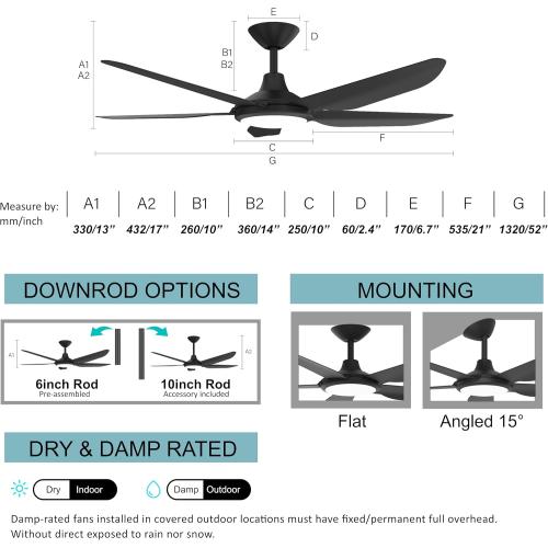 52 Inch Large Outdoor Ceiling Fans with Lights, High CFM Waterproof Blades for Covered Patio, 9 Speed Remote Control Dimmable LED Light, Angled Mount Easy Install