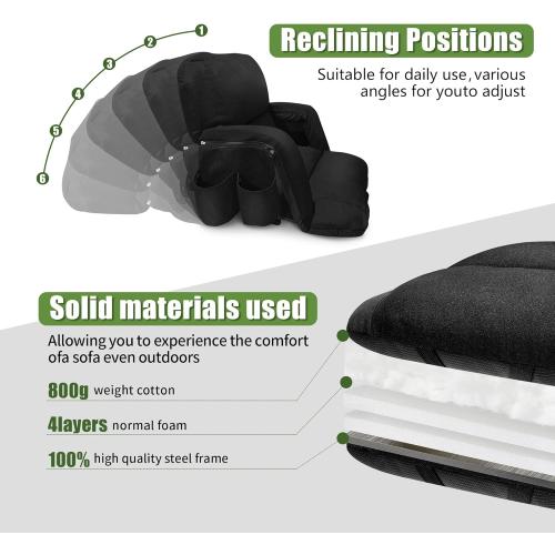 Extra Wide Bleacher Chairs with Back and Cushion Folding Stadium Chairs, Sofa Style Design ，6 Reclining Positions Waterproof Bleacher Seats (Black, Wide-26in)