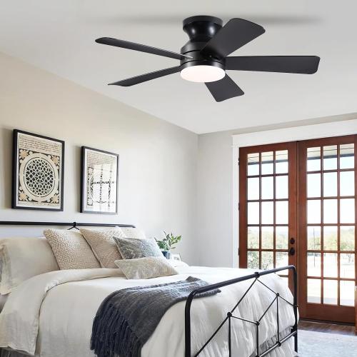 41 inch Ceiling Fans with Lights, Black Flush Mount Ceiling Fan with Remote, 3CCT, LED Dimmable, Reversible, 6 Fan Speeds, Quite Low Profile Ceiling Fan with Lights Modern Bedroom Kitchen Indoor