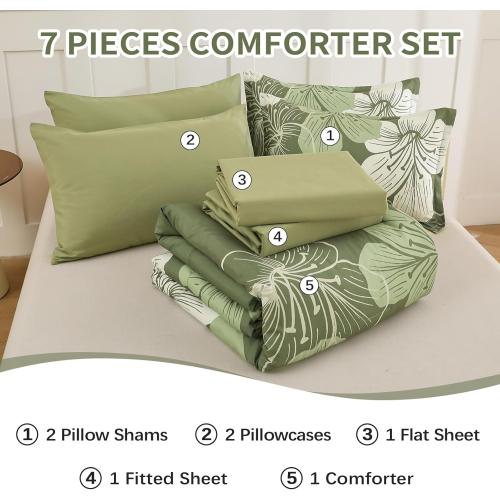 Luxudecor Floral Comforter Set Queen Size, 7 Pieces Bed in a Bag Olive Green Floral Comforter and Sheet Set, Soft Microfiber Green Complete Bedding Sets for All Seasons