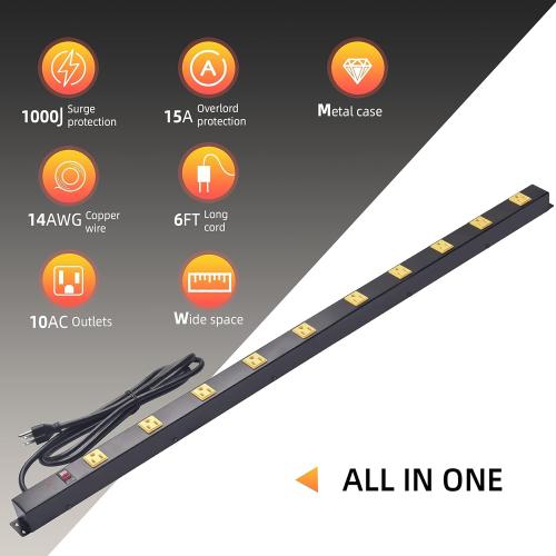 10 Outlet Long Power Strip Surge Protector, Heavy Duty Industrial Metal Power Strip 6 Feet, Wall Mountable, for Work Bench, Shop, Garage, Black (1000 Joules)