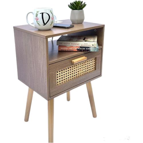 Nightstand with Charging Station, Rattan Side Table Small Wood End Table for Living Room, Bedroom, Mid Century Modern Nightstand, Easy Assembly (Natural) (Set to of 2)