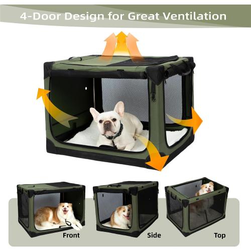 Pettycare Portable Travel Dog Crate 4-Door Soft Sided 42 Inch Collapsible Dog Crate with Curtains Durable Mesh Foldable Pet Kennel Soft Crates for Large Dogs Indoor & Outdoor Olive Green