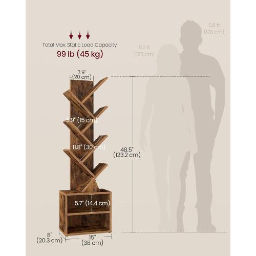 VASAGLE Custos Collection - Tree Bookshelf, Modern Bookcase, Floor Standing Book Shelf, for Bedroom, Living Room, Home Office, 2 Open Compartments, 8 x 15 x 48.5 Inches, Rustic Brown ULBC607K01