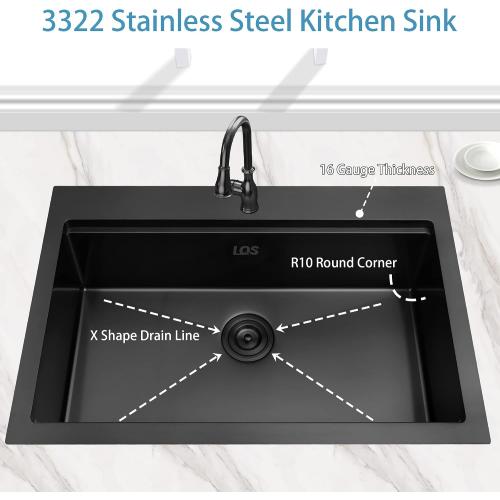 Black Drop In Sink 33x22, Matte Black Stainless Steel Sink Drop In 33x22, 16 Gauge Stainless Steel Black Kitchen Sink with Workatation Ledge and Abundant Accessories