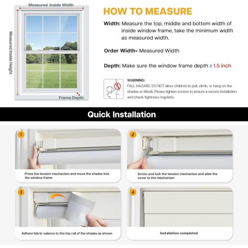 LazBlinds No Drill Blinds for Indoor Windows, Blackout Roller Shades, Cordless Window Blackout Blinds, Thermal Insulated Fabric UV Protection for Home and Office, 34.5 W x 48 H, White