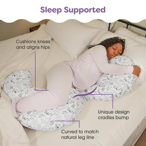 Boppy Total Body Pregnancy Pillow, Gray Scattered Leaves, Supportive Pregnancy Body Pillow for Versatile Full Body Use, Contoured Shape at All Stages