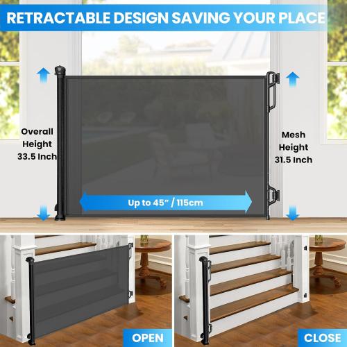 Retractable Safety Baby Gate or Mesh Dog Gate,Durable Portable Mesh Retractable Gate,Easy to Use for Stairs, Doorways, Hallways, Indoor, Outdoor, 33.5 Tall, Up to 45 Wide, Black