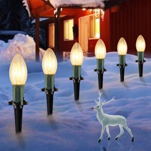 12 PCS- Christmas Pathway String Lights Outdoor - 25.7 Ft. C9 20 Clear Lights with 20 Stakes Connectable Waterproof for Indoor Xmas Party Holiday Commercial Decoration, Warm White