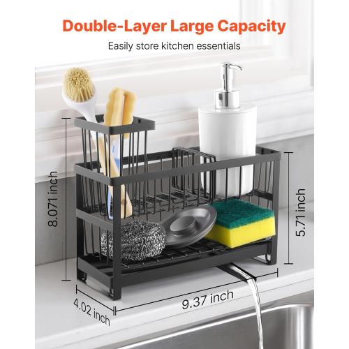VEVOR Kitchen Sink Caddy Organizer, 2 Tier Sponge Holder for Kitchen Sink with High Brush Holder & Divider, Storage Rack with Rotatable Drainage Spout, Countertop Organizers and Storage Essentials