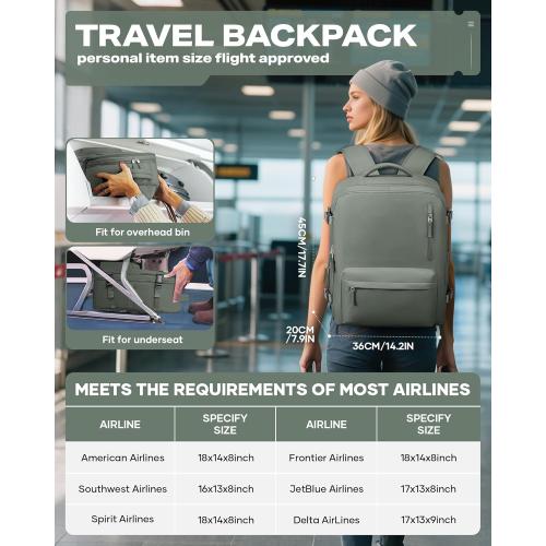 Travel Vacuum Backpack for Women Men, Large  Carry on Luggage Spirit United Flight Approved, Personal Item Travel Bag with Wet Dry Separation Pocket USB Charging, Green