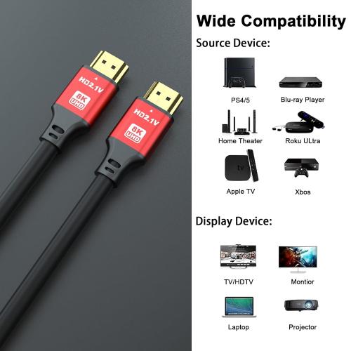 3FT HDMI 2.1 Cable 8K60Hz 4K120Hz, 48Gbps Ultra High Speed HDMI Cable with Gold Plated Connectors, Red Aluminum Housing, for PS5, Xbox Series X, 4K TV, Gaming Monitor, Soundbar, Gaming PC.