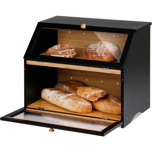HOMEKOKO Double Layers Large Bread Box for Kitchen Counter, Wooden Large Capacity Bamboo Bread Food Storage Bin - Black