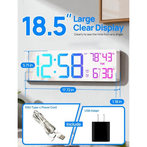 18.5 Large Digital Wall Clock, Big LED Display Clocks with Remote Control, Digital Clock with Night Light, Alarm, Countdown, DST, Temperature for Living Room Bedroom Office, Gift for Seniors (White)
