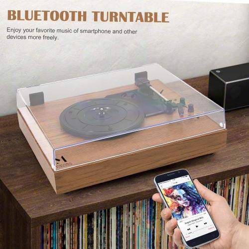 MPK Vintage Style 3 Speeds Wireless Input Record Player, Built-in Dual Premium Speakers,Belt Drive,RCA Output,Aux in,Fulll Size Platter Turntable, Yellow Wood
