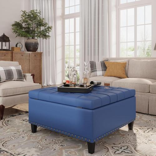 Color Blue Square Leather Ottoman with Storage, Faux Leather Coffee Table with Lift Top,Large Upholstered Footrest Stool Toy Box Storage Bench for Bedroom Living Room, Blue