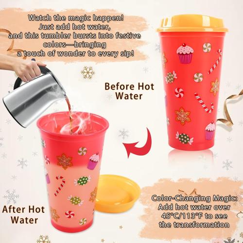 6pcs Christmas Color Changing Hot Cups with Lids, Plastic Reusable Hot Coffee Cups for Adults Kid Winter Christmas Holiday Birthday Party Cups Tumblers, 16 Oz