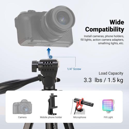 NEEWER Entry Level Version Tripod for Cell Phone & Camera, Metal Lightweight Portable Travel Stand with Cold Shoe Cellphone Holder Mount Compatible with iPhone for Video Recording Filming, TP53