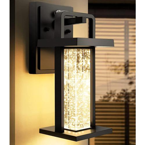 Modern Outdoor Wall Light Fixture,Dusk to Dawn Wall Mount for House with Bubble Crystal Glass,Black Front Porch Lights Waterproof 10W 480LM Integrated Sconce,3000K for House Patio