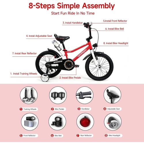 WinHope Kids Bike with Headlight, 12-20 Inch Pedal Bike for 2-12 Boys Girls | Steel Frame with Training Wheels Water Bottle | Dual Brake for Summer Outdoor Riding | Birthday Gift for Toddlers