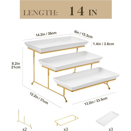 MALACASA 3 Tier Serving Trays for Party, 14 Inch Porcelain White Trays for Serving Food, Dessert Stand with Collapsible Gold Metal Rack