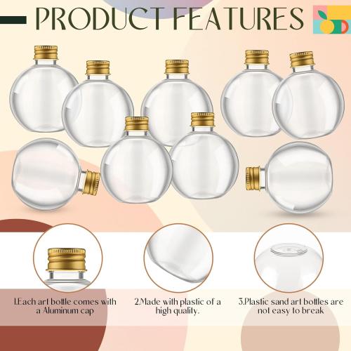 Jinei 30 Packs 8 oz Spherical Plastic Potion Bottles Ball Shape Sand Bottles Clear Plastic Cocktail Ornament Balls with Funnels for DIY Wedding Party Gift Crafts Decoration(Lid,Gold)
