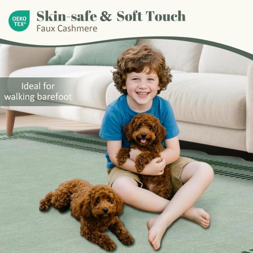 Washable 8x10 Rugs for Living Room Bedroom, Non-Slip Sage Green Indoor Carpet for Dining Room Office, Ultra Thin Scalloped Soft Carpets for Kids Nursery Playroom