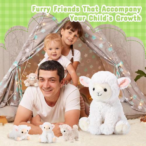 Lenwen 5 Pcs Lamb Stuffed Animal Toys Sets, 14 Inch Mommy Lamb Plush with 4 Cute Babies in Her Zippered Tummy Soft Cuddly Sheep Plushie for Farm Christmas Birthday Easter Gifts(Lovely Style)