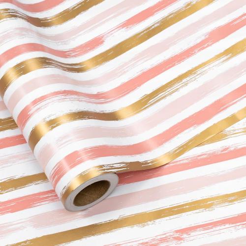 LeZakaa Pink Wrapping Paper Roll, Pink Striped Metallic Foil Gift Wrap for Baby Girl, Christmas, Birthday, Bridal Shower, Wedding Presents, with Gridlines, Mini Roll 17 in x 9.8 ft