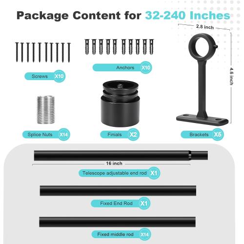 Black Extra Long Curtain Rods 240 Inches - Heavy Duty 1 Inch Adjustable Metal Drapery Rod for Large Windows, Sliding Doors, 5 Holders, Wall & Ceiling Mount, Easy Installation, Modern Design