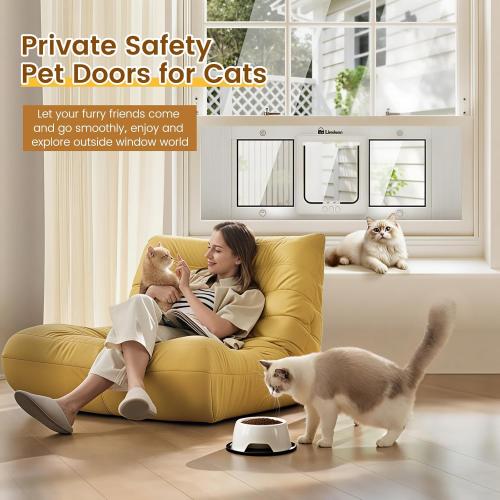 Cat Door for Window, Quick Installation Adjustable Width of 23-28, Cat Window Door with 4 Locking Modes, Magnetic Closure Design, Weatherproof Aluminum Frame Cat Door Window Insert