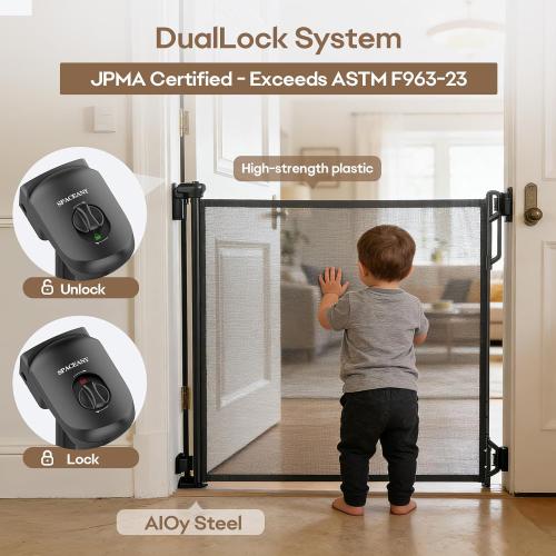 SPACEANY Retractable Safety Baby Gate or Mesh Dog Gate,Durable Portable Mesh Retractable Gate,Easy to Use for Stairs, Doorways, Hallways, Indoor, Outdoor, 33.5 Tall, Up to 45 Wide, Black