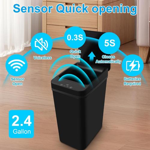 Bathroom Trash can,Smart Touchless Trash Can,Automatic Motion Sensor Trash Bin With Lid,2.4 Gallon Garbage Can, Kitchen, Bathroom, Office, Bedroom Trash can (Black)