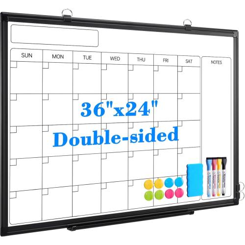 Whiteboard Calendar 36x24 Magnetic Dry Erase Board for Wall, Black | Monthly Calendar, Magnetic Wall Mount Hanging Board, Office Home School, Easy Clean Aluminum Frame, Complete Accessories Kit