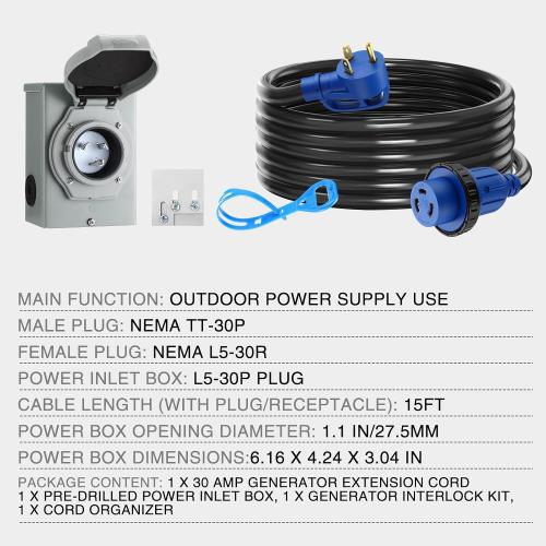 Xuhal 15 FT 30 Amp Generator RV Extension Cord and Pre-Drilled Power Inlet Box 3 Prong Compatible with NEMA TT-30P/L5-30R 125V/250V Cord with Generator Interlock Kit to House STW 10 Awg, Etl Listed