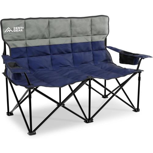 Oversized Fully Padded Double Camping Chair, Portable Folding Loveseat w/Side & Back Pockets, Adjustable Armrests, Double-Sized Cup Holders for Outdoor, Indoor, Supports 530LBS (Dark Navy)