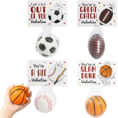 Valentines Day Gifts for Kids - 24 Pack Stress Balls with Valentines Day Cards for Kids School - Football Soccer Baseball and Basketball for Boys Girls Toddler Classroom Exchange Party Favors